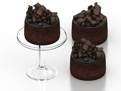 Three Decadent Chocolate Cakes With Chocolate Curls And Black Berries On Glass Stand 3d model