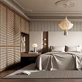 Modern Bedroom Interior With Wooden Slatted Wardrobes Striped Walls Pendant Lamp Bedside Lamps And Rug