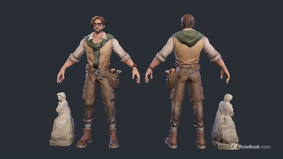 Man Wearing Work Vest and Scarf Front Back Views With Small Statues 3d model 