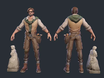 Man Wearing Work Vest and Scarf Front Back Views With Small Statues 3d model