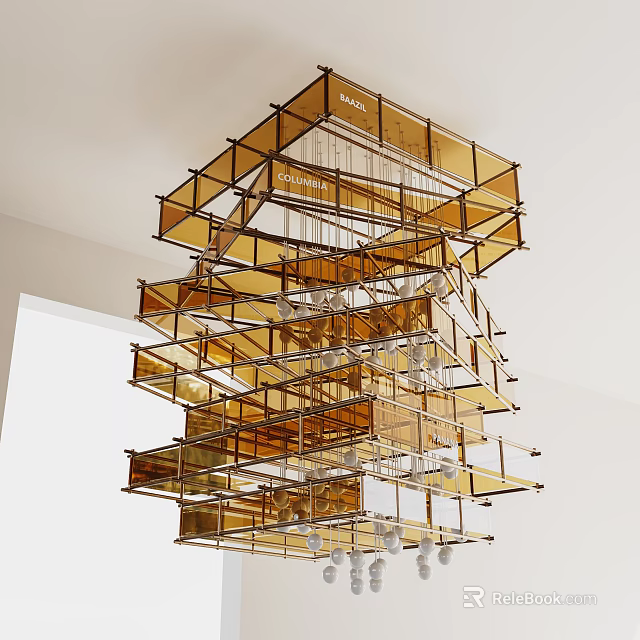 Modern Abstract Pendant Light With Multi Tiered Golden Frame And Glass Elements 3d model
