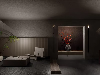 Modern Hotel Lobby Interior With Gray Walls Dark Flooring Red Floral Decor And Green Plant 3d model