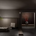 Modern Hotel Lobby Interior With Gray Walls Dark Flooring Red Floral Decor And Green Plant