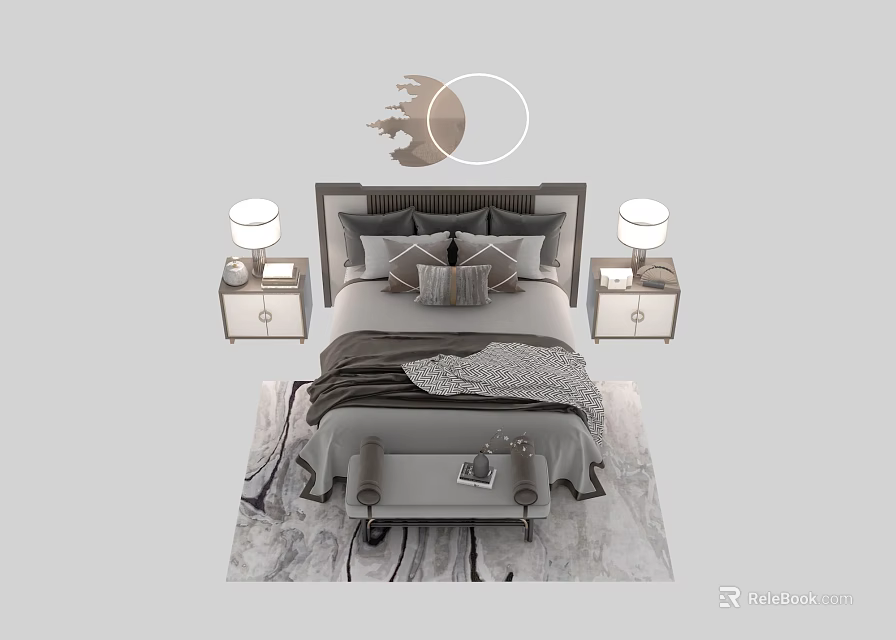 Modern Double Bed Interior With Upholstered Headboard Decorative Pillows Blanket Nightstands And Table Lamps 3d model 