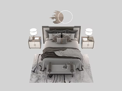 Modern Double Bed Interior With Upholstered Headboard Decorative Pillows Blanket Nightstands And Table Lamps 3d model