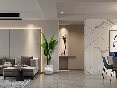 Modern Living And Dining Area Design With Sofa Large Plant And Marble Wall 3d model