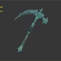 Ornate Scythe Weapon With Metal Blade Blue Accents And Wooden Handle