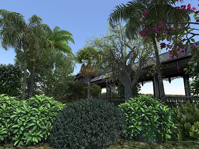 Lush Garden Landscape With Palm Trees Flowering Bushes And Traditional Wooden Pavilion 3d model