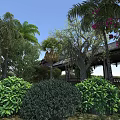 Lush Garden Landscape With Palm Trees Flowering Bushes And Traditional Wooden Pavilion