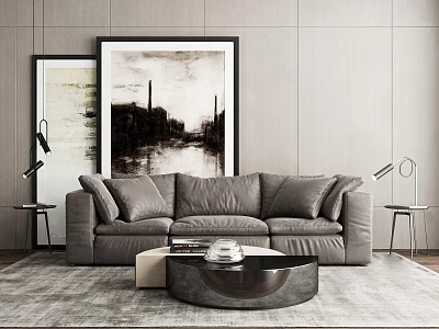 Modern Three-seater Sofa With Gray Walls Wall Art Round Coffee Table Side Tables And Lamps 3d model