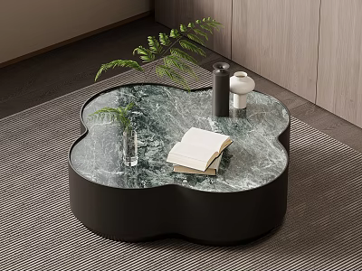 Elegant Modern Clover Shaped Coffee Table With Marble Top Book Vase And Green Plant 3d model