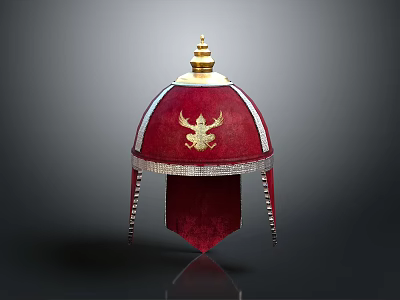 Medieval Knight Red Velvet Hat Featuring Golden Eagle Emblem White Trim And Tassels 3d model