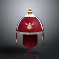 Medieval Knight Red Velvet Hat Featuring Golden Eagle Emblem White Trim And Tassels