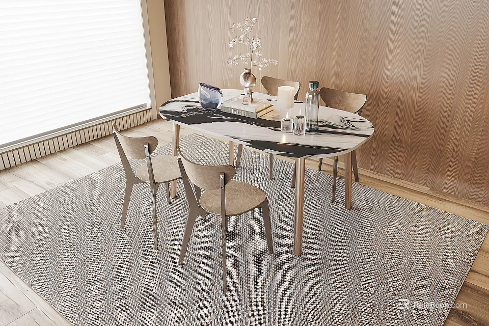 Modern Dining Table Set With Marble Top Wooden Chairs And Decorative Vase On Rug 3d model 