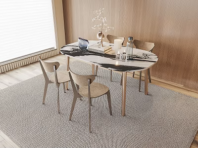 Modern Dining Table Set With Marble Top Wooden Chairs And Decorative Vase On Rug 3d model
