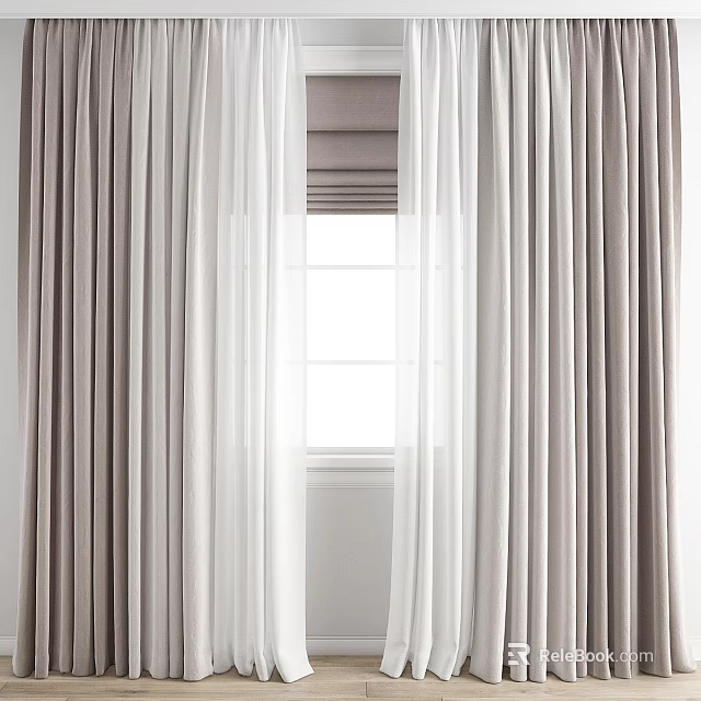 Modern Double Layer Curtains With Beige And White Sheer For Window 3d model
