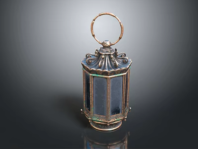 Antique Brass Lantern Featuring Circular Handle Polyhedral Structure Dark Glass Panels And Ornate Metal Details 3d model
