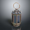 Antique Brass Lantern Featuring Circular Handle Polyhedral Structure Dark Glass Panels And Ornate Metal Details