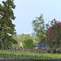 Vibrant Flower Garden With Purple Blooms Green Trees And Yellow Sculpture Under Blue Sky
