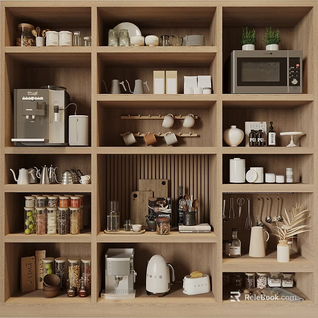 Well Organized Kitchen Shelves With Various Kitchenware 3d model 
