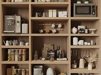 Well Organized Kitchen Shelves With Various Kitchenware 3d model