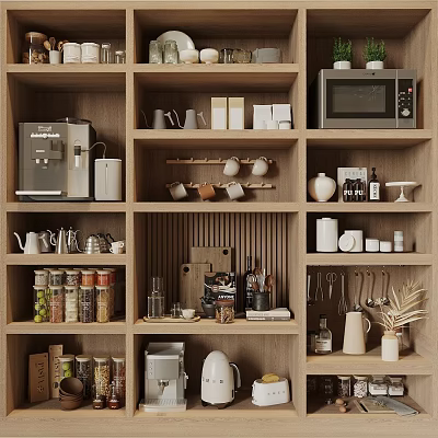 Well Organized Kitchen Shelves With Various Kitchenware 3d model