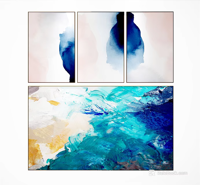 Modern Abstract Wall Art Triptych With Blue White Yellow Brush Strokes 3d model 