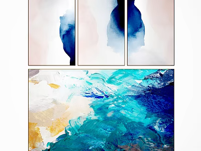 Modern Abstract Wall Art Triptych With Blue White Yellow Brush Strokes 3d model
