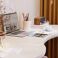 Curved White Desk Setup with Laptop Pen Holder Floor Lamp and Ergonomic Chair