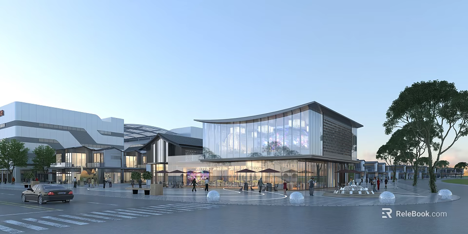 Modern Commercial Street Featuring Glass Facade Curved Design Outdoor Seating And Pedestrians 3d model 