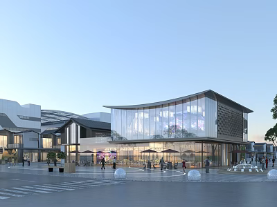 Modern Commercial Street Featuring Glass Facade Curved Design Outdoor Seating And Pedestrians 3d model