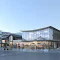 Modern Commercial Street Featuring Glass Facade Curved Design Outdoor Seating And Pedestrians