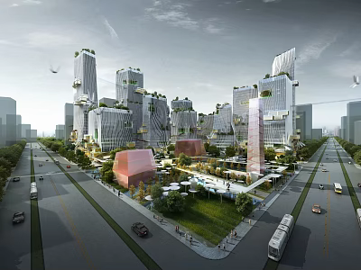 Future City Design With Green Skyscrapers And Central Urban Plaza 3d model