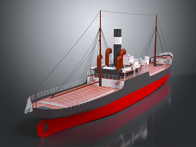 Vintage Style Ship With Red Hull And Masts 3d model