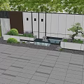 Indoor Courtyard Landscape Design With White Walls Wooden Grille Green Trees Gray Tiles And Bonsai