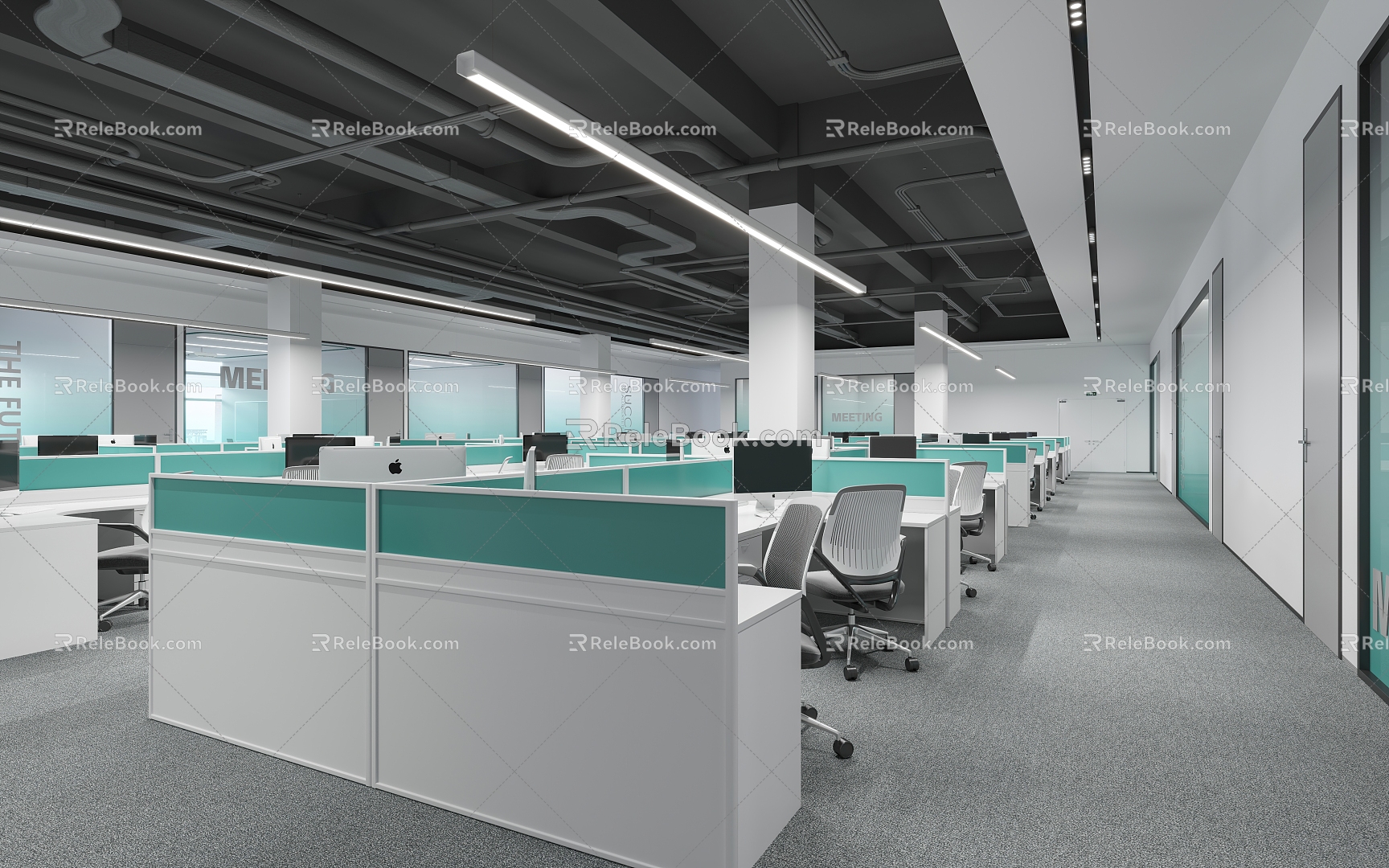 Public open office area large office desks and chairs 3d model