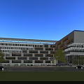 Modern Office Building Exterior With Glass Curtain Wall Greenery Cars And Blue Sky