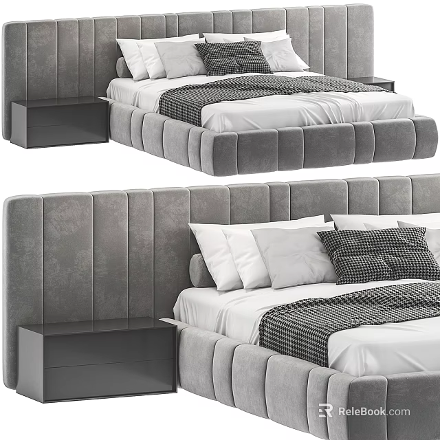 Modern Gray Double Bed With Upholstered Headboard White Pillows And Nightstand 3d model