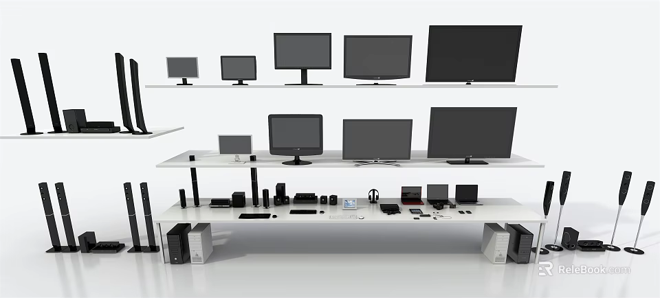 Multiple Computer Monitors of Various Sizes with Accessories on White Shelves 3d model