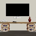 Living Room TV Wall Setup With Wooden Console Table Decorative Jar And Patterned Stools 3d model