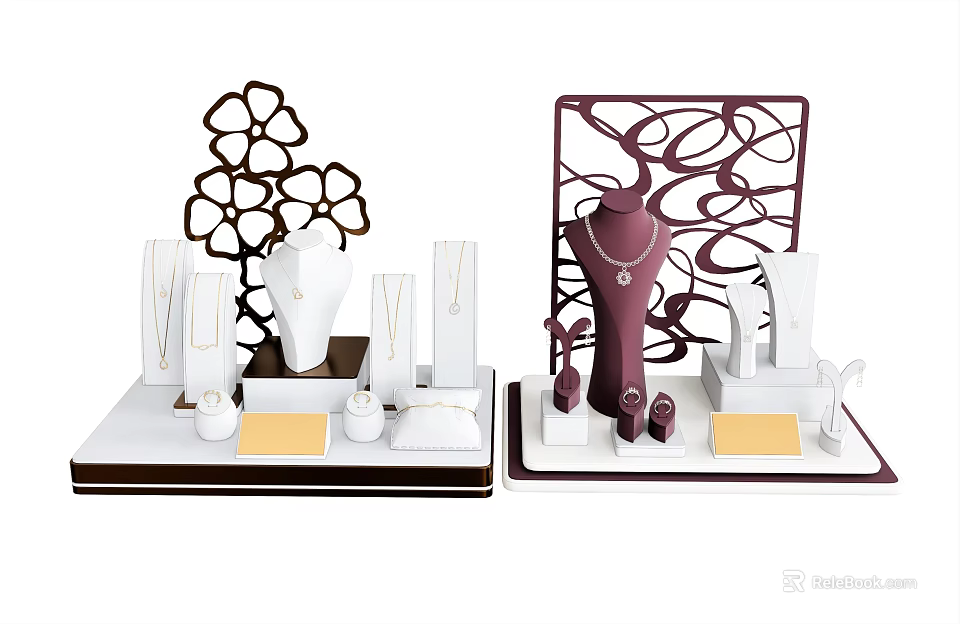 Elegant Jewelry Display Stands With Floral Designs And Decorative Accents Showcasing Necklaces Earrings And Rings 3d model 