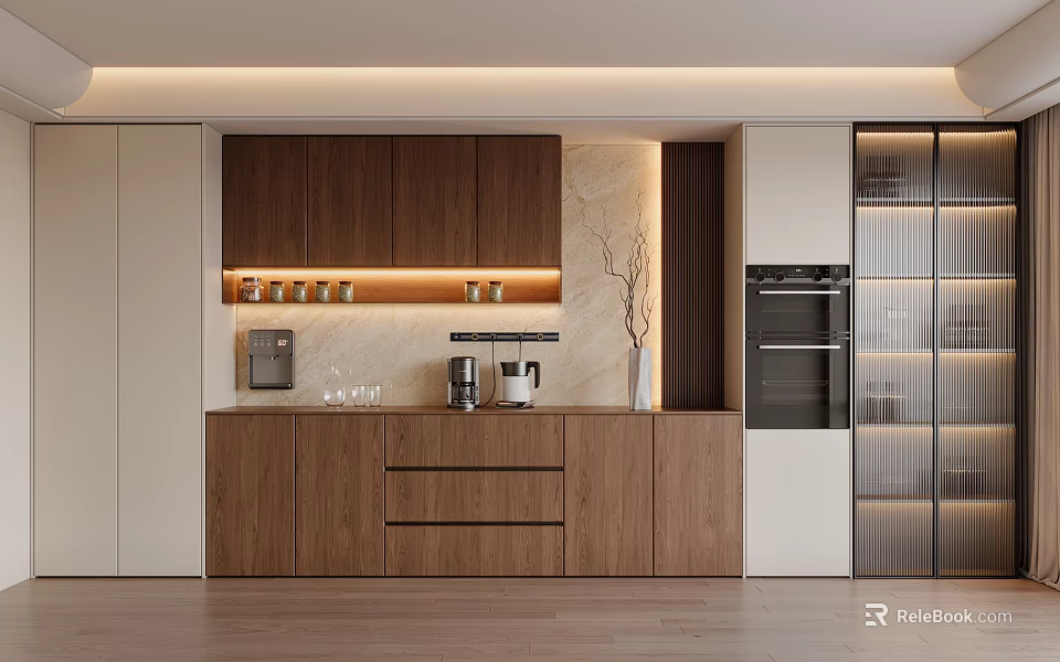 Modern Wooden Sideboard Cabinet In Open Kitchen With Coffee Maker And Glassware 3d model 