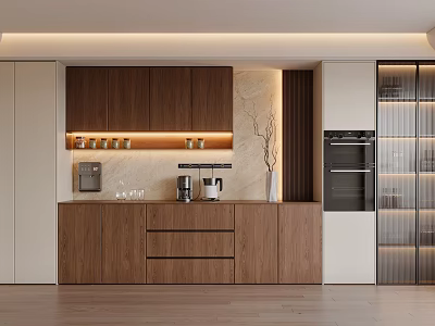 Modern Wooden Sideboard Cabinet In Open Kitchen With Coffee Maker And Glassware 3d model