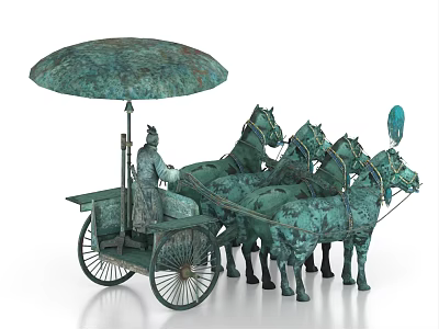 Ancient Bronze Chariot Sculpture With Four Horses Umbrella Canopy And Figure Statue 3d model