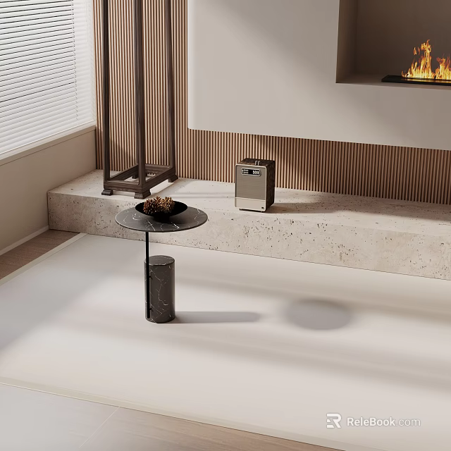 Modern Stylish Side Table by Window with Floor Lamp Fireplace and Bowl on Top 3d model 