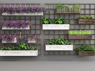 Bonsai Potted Plants on Wall Grid Shelves with Purple Flowers Green Foliage Wooden White Planters 3d model