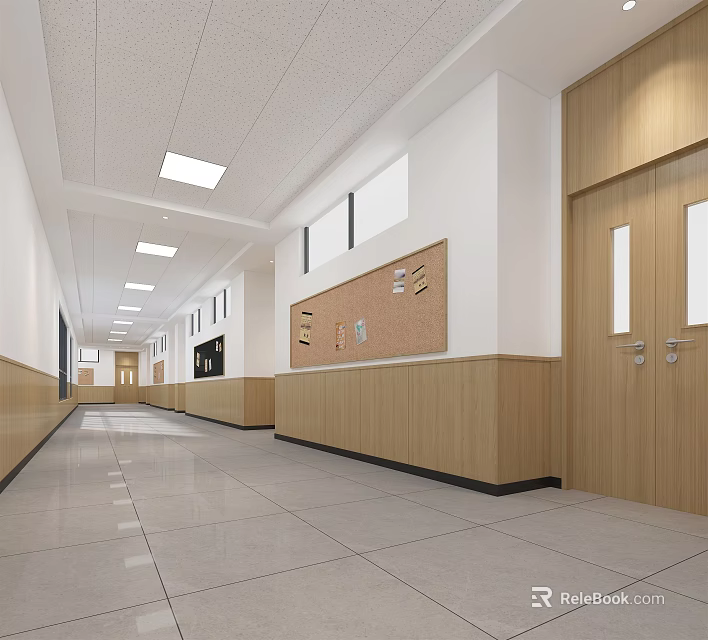 Modern Elevator Hallway Featuring Wooden Paneling White Walls Cork Notice Board And Tile Floor 3d model 