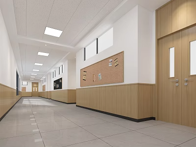 Modern Elevator Hallway Featuring Wooden Paneling White Walls Cork Notice Board And Tile Floor 3d model