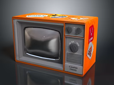 Orange Retro Vintage Television With Classic Knobs And Decorative Stickers 3d model