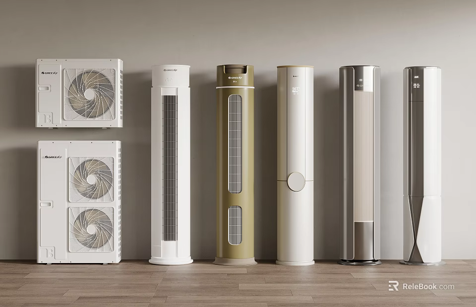 Air Conditioner Fans With Various Modern Designs Arranged In Row On Wooden Floor 3d model 